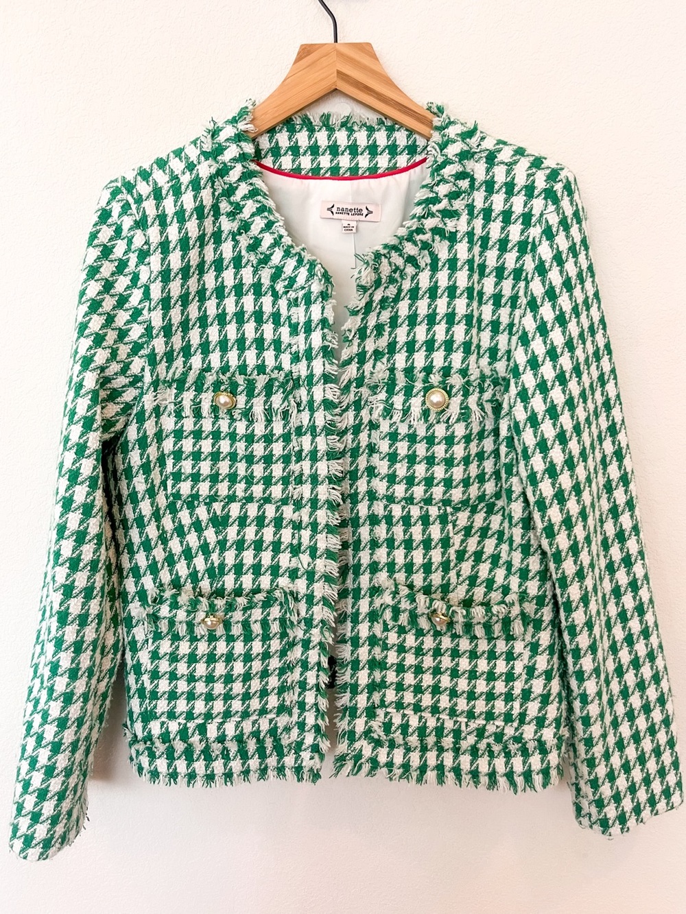 Nanette Lepore Green White Houndstooth Tweed Jacket Size 8 EUC — Chanel Style